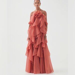 Aje Pandorea Layered Tulle Maxi Dress In Orange